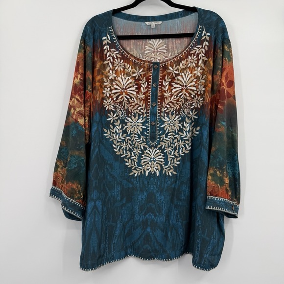 John Mark Tops - John Mark Shirt Top Womens 3X Blue Orange Embroidered Floral Flowy Scoop Neck